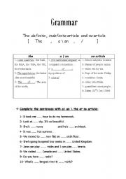 English Worksheet: Grammar/ Articles( a/an/the/ no article)