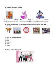 English worksheet: revision of family, classrom objects and greetings