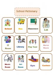 English Worksheet: School Pictionary / Cards of palces in the school