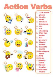 English Worksheet: Action Verbs Smiles + Greyscale version