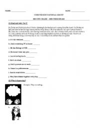 English Worksheet: Kids test: Simple present (reading comprehension), the time, commands, present continuous