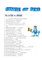 English Worksheet: !! SINCE and FOR practice !!  25 sentences