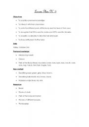 English Worksheet: Lesson Plan N3 -  Worksheets included (Parts of the body, his, her, colours) 3/12