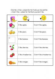 English Worksheet: I like/ I dont like, activity for fruit