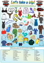 English Worksheet: Lets take a trip! - (clothes, shoes & accessories) - Vocabulary, writing & conversation - 2 pages - fully editable