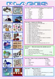 English Worksheet: PLACES - Understanding WHERE you would find certain people & things & Matching the places with their pictures - (( 5 separate exercises to complete)) - Elementary/intermediate - ((B&W VERSION INCLUDED)) 