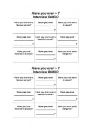 English Worksheet: Have you ever~? Interview BINGO