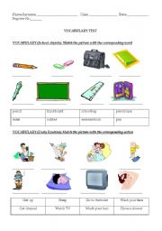 Vocabulary test about school objects and daily routine