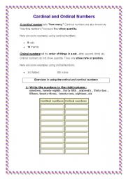 English Worksheet: cardinal and ordinal numbers