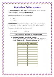 English worksheet: cardinal and ordinal numbers