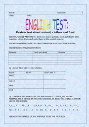 English Worksheet: test : animals, clothes and food
