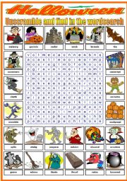 English Worksheet: HALLOWEEN- WORDSEARCH (B&W VERSION INCLUDED)