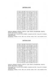 English Worksheet: letter soup- colours, school things and numbers