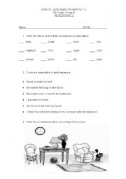 English worksheet: Review of preposition, articles a/an