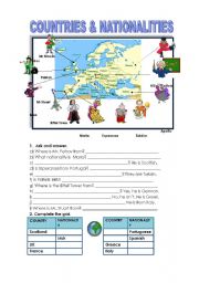 English Worksheet: countries and nationalities