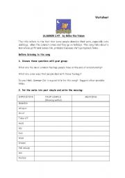 English Worksheet: Summer cat song worksheet