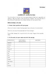 English worksheet: Summer cat song worksheet