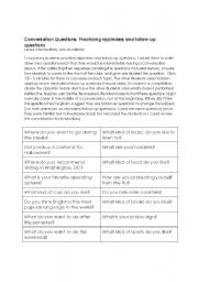 English Worksheet: Conversation Questions: Practicing rejoinders and follow-up questions