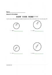 English worksheet: area of circle