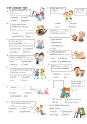 English Worksheet: Family members ,jobs and some simple adjectives test 1