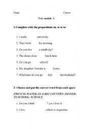 English worksheet: prespoitions in, at, and to, and   collocations