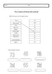English Worksheet: The numbers (cardinal and ordinal)