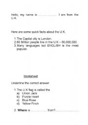 English Worksheet: U.K Fact Quiz
