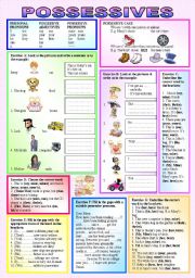 English Worksheet: POSSESSIVES - Personal Pronouns, Possessive Adjectives, Possessive Pronouns - Teach students when, where & how to use Possessives - elementary/intermediate - (( 5 Exercises, 40 sentences )) - (( B&W VERSION INCLUDED ))