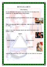 English worksheet: Run Lola Run  After watching worksheet, destiny, falling action, rising action, climax, plot, solution, analyze