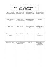 English worksheet: What I did this summer sign off sheet