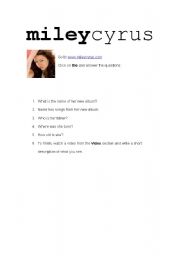 English Worksheet: Miley Cyrus Webpage Reading
