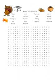 English Worksheet: Thanksgiving Wordsearch