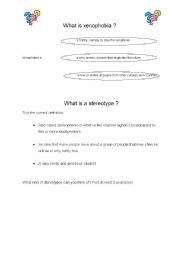 English Worksheet: xenophobia and stereotypes