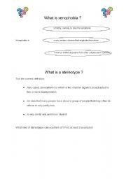 English worksheet: xenophobia and stereotypes