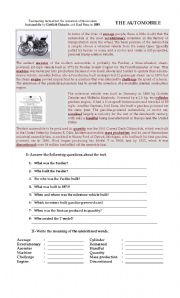 English Worksheet: The automobile reading comprehension worksheet