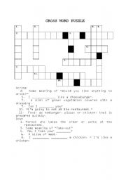 English worksheet: Cross word - Restaurant