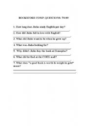 English worksheet: Jinho goes to the bookstore comprehension questions