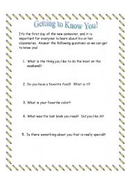 English Worksheet: Getting to know you