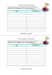 English Worksheet: Birthday calendar