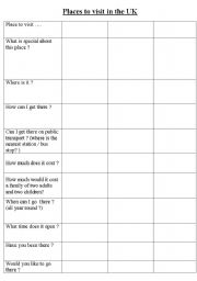 English Worksheet: A table for Websearch results - places to visit (in UK or anywhere else!)