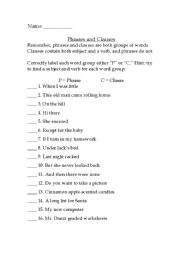 Identifying Phrases and Clauses Practice Sheet