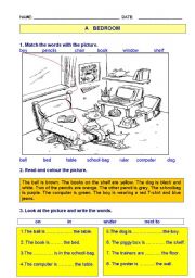 English Worksheet: objects and prepositions in a bedroom