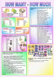 NOUNS- Countable or Uncountable? - HOW MUCH is used with singular uncountable nouns & HOW MANY is used with plural countable nouns - ((5 exercises & 70 sentences to complete)) - elementary/intermediate - ((B&W VERSION INCLUDED))