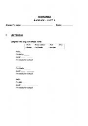 English worksheet: Backpack Book 1 - Unit 1 Worksheet