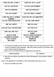 English Worksheet: YES/NO and WH- QUESTIONS GAME