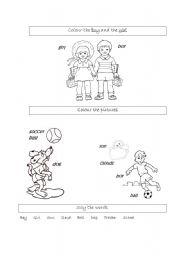 English worksheet: colouring boy, girl, dog, cloud, sun, and ball