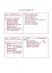 English worksheet: Dialogues on pets, clubs, fruit with fill-in blank