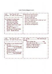 English Worksheet: Dialogues on pets, clubs, fruit with fill-in blank