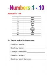 English worksheet: Numbers 1 to 10