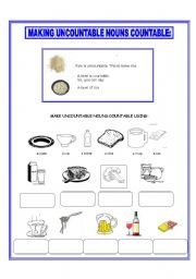 English Worksheet: MAKING UNCOUNTABLE NOUNS COUNTABLE